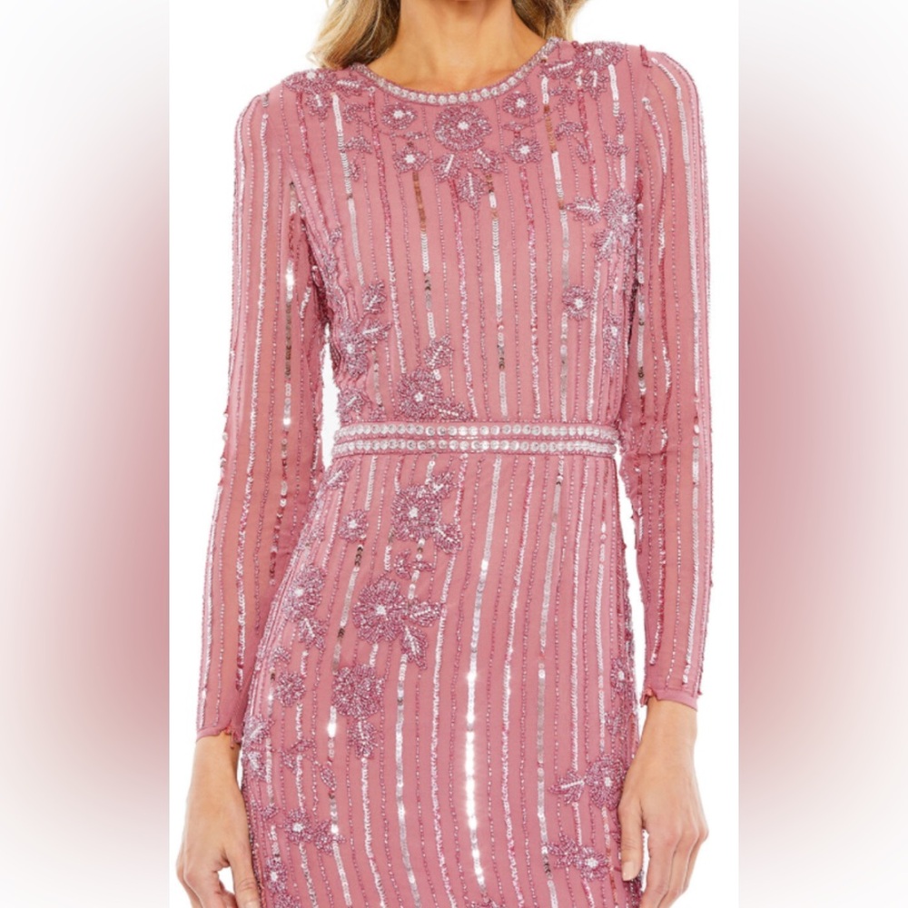Mac Duggal Rose Pink Beaded Long-Sleeve Evening Gown